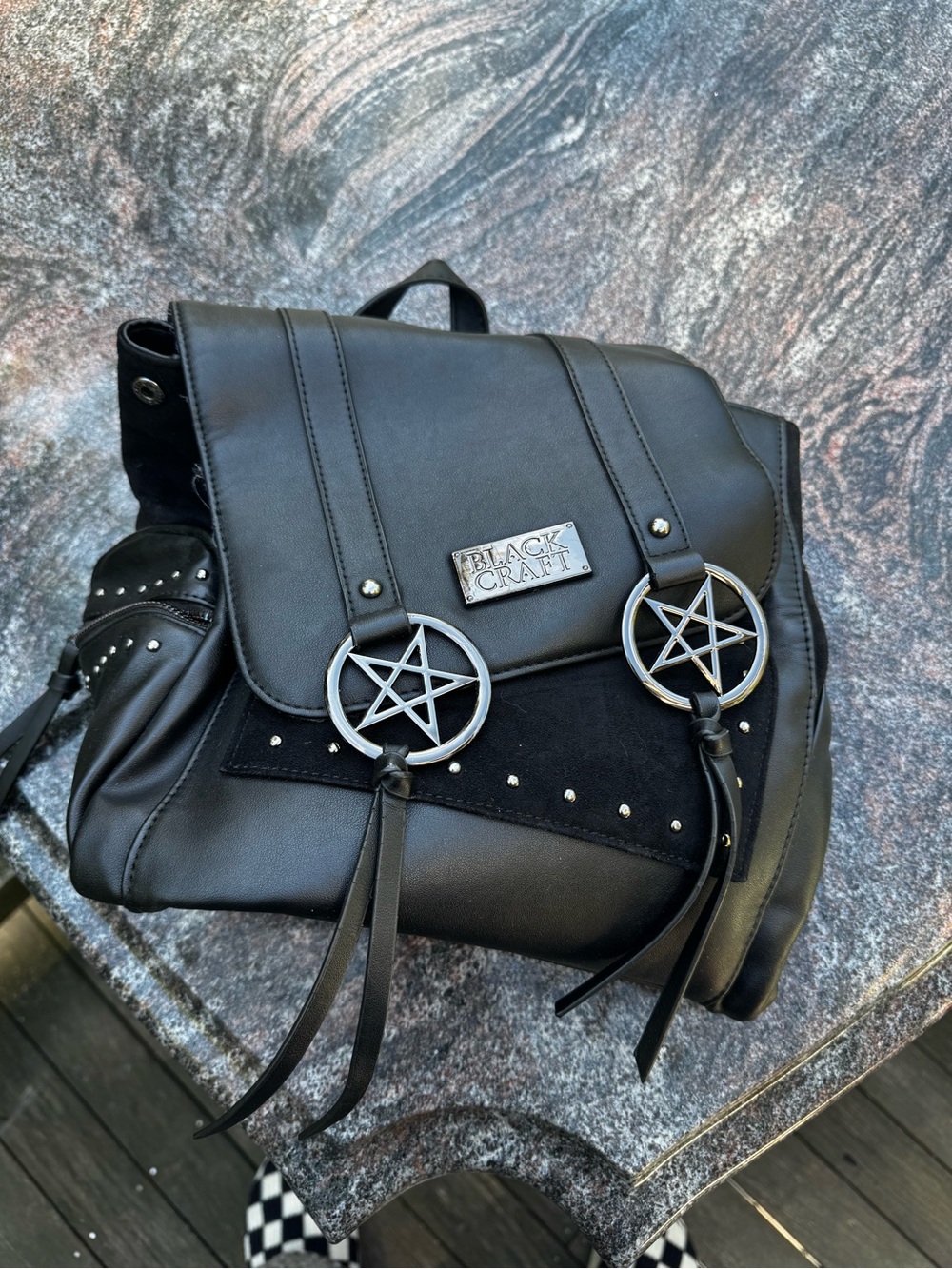Black Craft Black Faux Leather Pentagram Flap Backpack Needs Repair